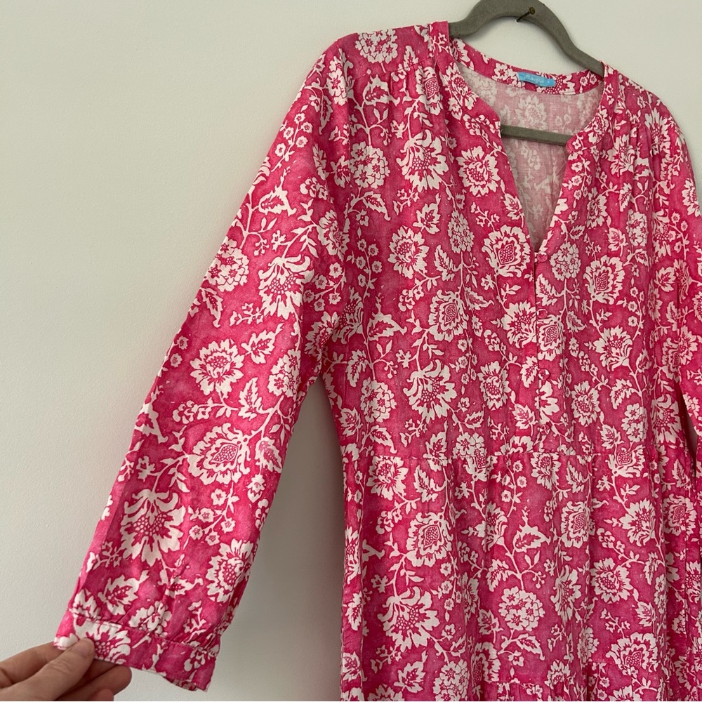 J. McLaughlin Pink Floral Cunningham Elbow Sleeve Linen V Neck Boho Maxi Dress M - Picture 6 of 11